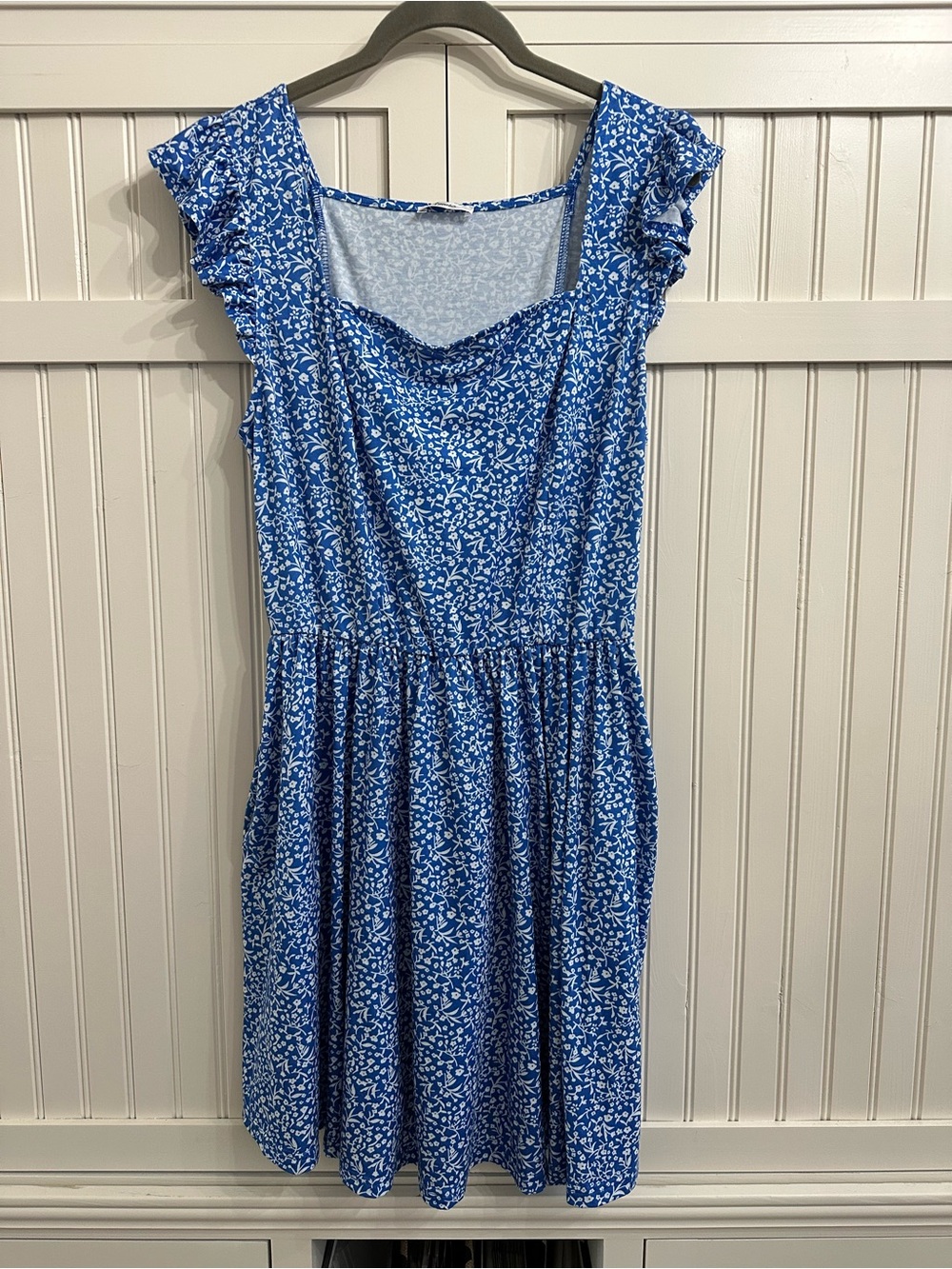 Blue Floral Mini Dress with Ruffle Cap Sleeves